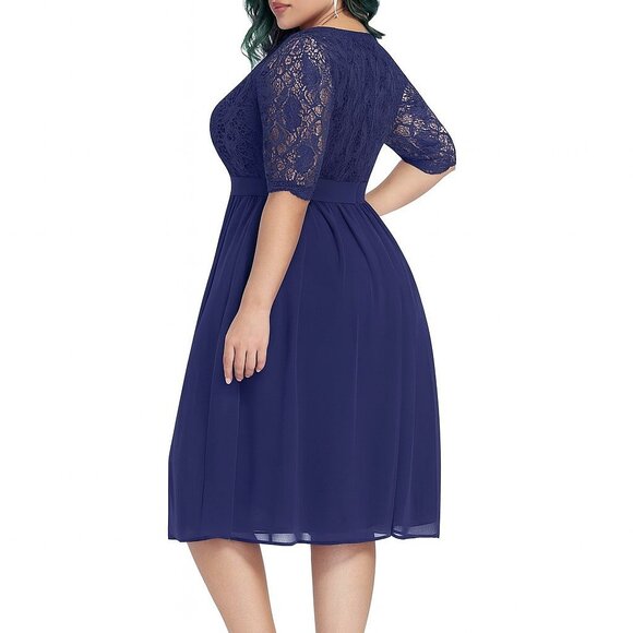 Banded Waist Navy Blue Plus Size Lace & Chiffon Dress 💙✨ - Picture 5 of 7